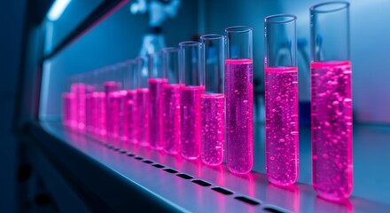 Vibrant pink liquids in test tubes on laboratory countertop