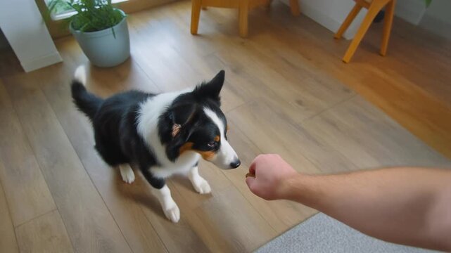 persons hands using positive reinforcement to train a smart Border Collie puppy