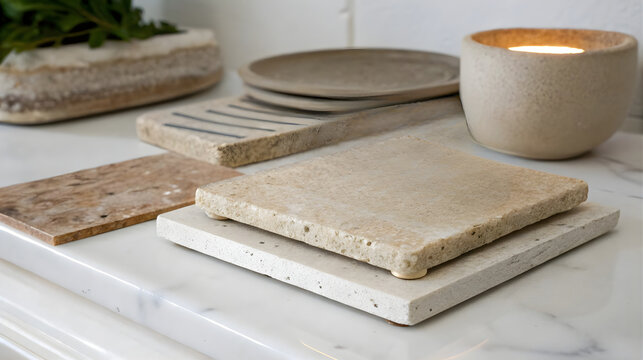 Assorted natural stone samples and coasters on marble surface, neutral-toned interior decor with textured material palette, flat lay for design inspiration or branding mockup