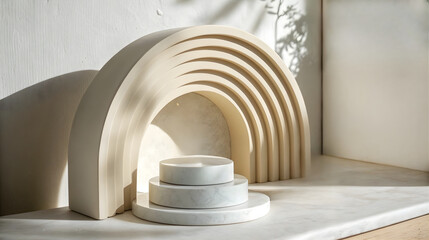 Obraz premium Minimalist white stone rainbow sculpture with stacked marble platforms, serene geometric installation in natural light, abstract modern decor for branding or product styling