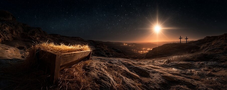 Wooden manger with hay on a dark, rocky landscape under a starry sky, brilliant Star of Bethlehem visible, concept for Christmas services, Lenten devotion and biblical presentations