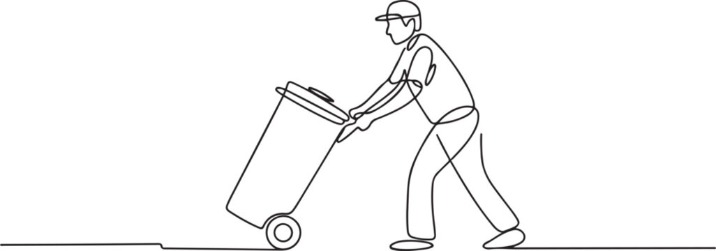 Single one line drawing trash man pushing a wheeled trash can. Side job is volunteering to keep environment clean. Remain highly dedicated. No pollution. one line Icon drawing