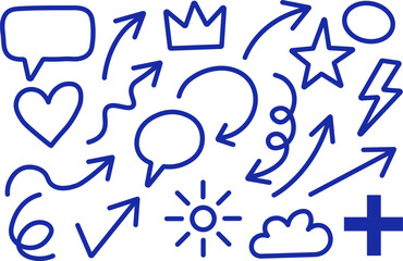 Hand drawn blue doodle icons and arrows set with chat bubbles, symbols, and abstract shapes