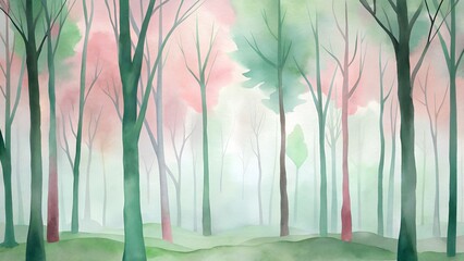 Obraz premium Watercolor Forest With Pink Green Hues Delicate Tree Trunks Soft Light Gentle Haze