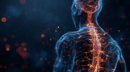 Detailed 3D rendering of human nervous system and neural network glowing orange against a dark blue background, concept for medical research, digital connection and artificial intelligence development