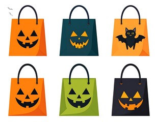 Halloween themed shopping bags, each with unique spooky design elements on them