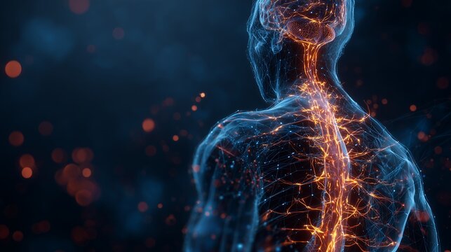 Detailed 3D rendering of human nervous system and neural network glowing orange against a dark blue background, concept for medical research, digital connection and artificial intelligence development