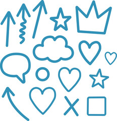 Hand Drawn Blue Doodle Icons Set with Hearts Stars Arrows and Speech Bubble