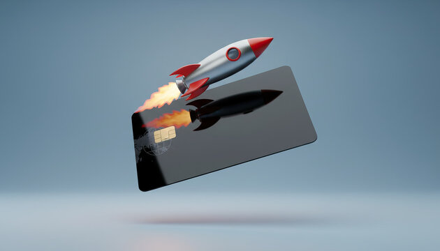 Creative concept of a rocket launching a credit card, symbolizing fast financial growth, digital banking, and fintech innovation. Ideal for payment startups, banking services, and online transactions.