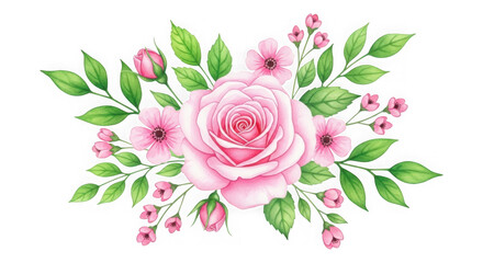 Beautiful floral arrangement with pink roses and green leaves isolated on transparent background