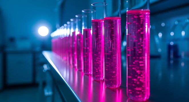 Laboratory equipment with pink liquid in test tubes on conveyor belt