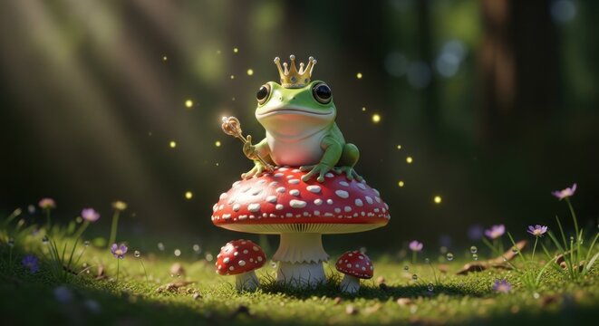 Whimsical Frog King with Golden Crown and Scepter Sitting on a Red Mushroom