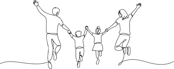 Single continuous line drawing back view, happy family jumps while lifting and holding hands. Exercise with the beloved family. Health. International Family Day. one line Icon drawing © firoz