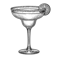 Hand-drawn style margarita in a salt-rimmed glass, garnished with a lime slice, detailed shading
