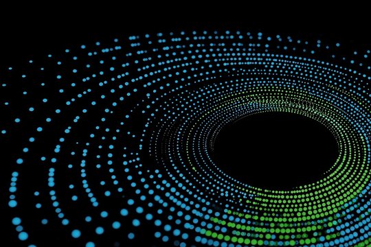 Isometric data visualization with light blue and green circular dots, rendered in minimalist hyper-realistic 3D on black background, perfect for modern tech dashboards