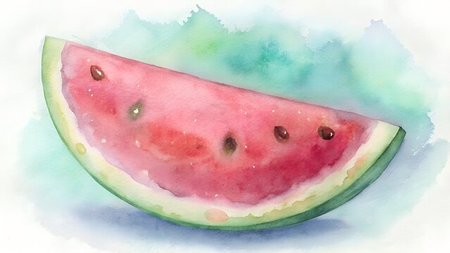 Watercolor Slice Of Juicy Pink Watermelon With Dark Seeds On A Light Blue Green Background