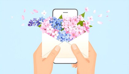 Hands hold envelope with overflowing pink & blue flowers in front of a phone, against a light blue backdrop