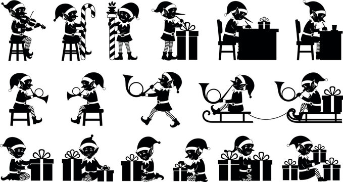 Christmas elf silhouette vector set of Santa helpers working wrapping gifts playing music and sitting collection for holiday design