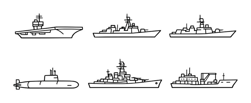 Minimalist naval fleet silhouettes featuring submarine and warships