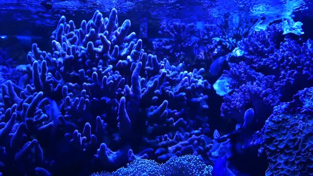 Mesmerizing reef aquarium with SPS corals, anemones and schooling green chromis swimming in deep blue lighting. Slow motion underwater video footage