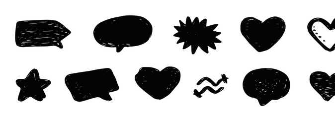 Zestaw ręcznie rysowanych ikon: dymki, serca, gwiazdka i fala na przezroczystym tle