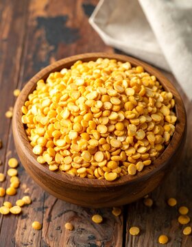 Wooden bowl brimming with yellow split peas on rustic, wooden table