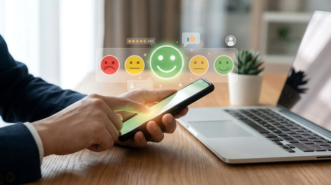 Person using smartphone to rate customer satisfaction with happy faces, next to business analytics on laptop