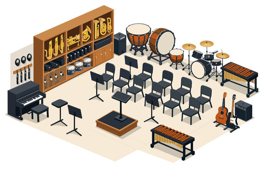 Orchestra room with various musical instruments and seating arrangement