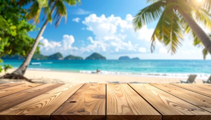 Fototapeta premium Wooden table foreground, tropical beach, sunny day, palm trees