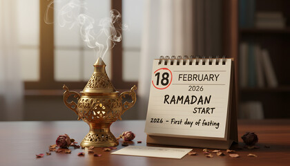 censer incense burner, calendar showing 18 february which mean ramadan date 2026 on wood table