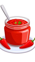 Illustration of a jar of red sauce with peppers and a spoon, resting on a white plate