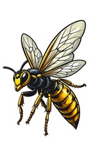 Illustration of a yellowjacket wasp with detailed wings and body, isolated against a plain white backdrop