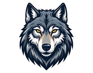 Illustration of a wolf's head with detailed fur, sharp ears, and piercing yellow eyes, on a white background