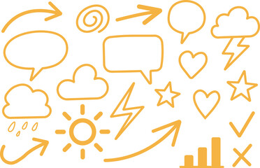 Hand drawn doodle icons set with arrows, speech bubbles, weather, hearts, stars, charts, and symbols in orange outline style
