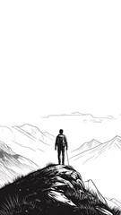 Ink drawing Lone hiker on a craggy peak, gazing at distant mountains under a vast sky. Black, white and grey scale