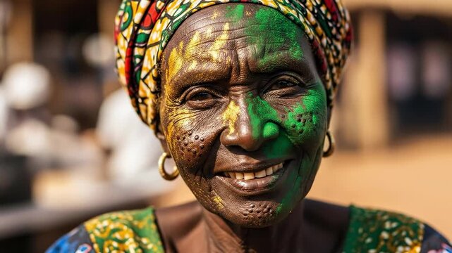 Close up portrait of an elderly African woman with traditional green and gold face paint and colorful headscarf looking at camera
