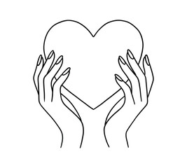 Fototapeta premium Hand drawn line illustration of two hands gently holding a heart shape. Minimal outline design symbolizing love, care, protection, support, and emotional connection.