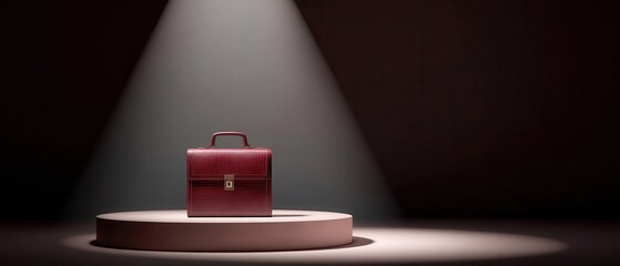 Elegant Red Briefcase on Illuminated Pedestal, Studio Shot
