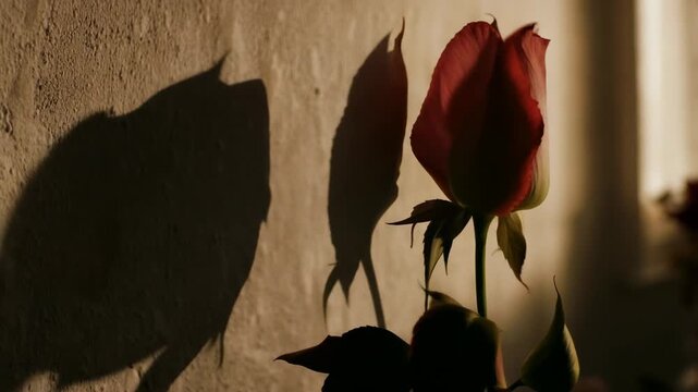 Graceful rose movement casting shadows on a textured wall as sunlight shifts