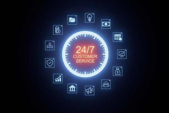 Round clock design showing 24/7 customer service with symbols representing artificial intelligence applications