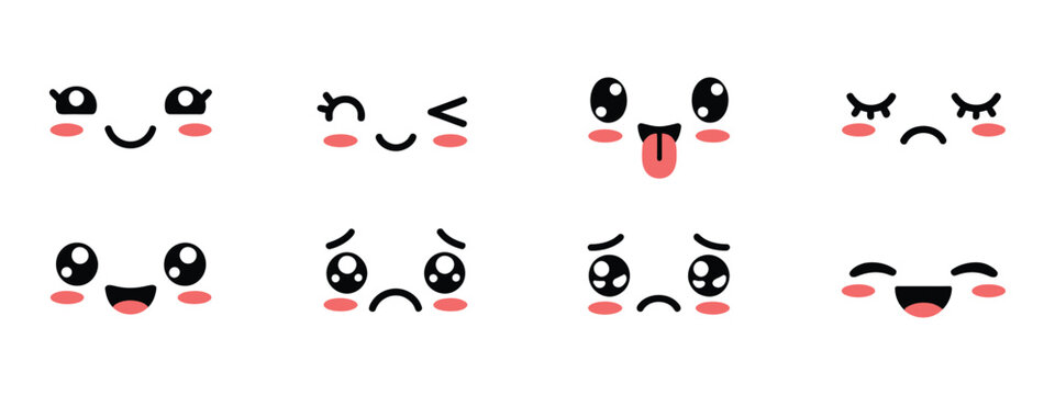 Kawaii face expressions, funny chibi faces, cute emoticon set, cheerful smiling, laughing, winking, angry, sad cartoon, simple anime vector