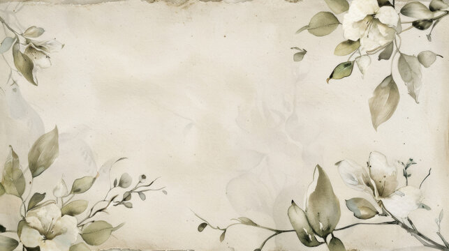 Delicate watercolor vintage floral frame with soft colored flowers and green leaves on pastel background