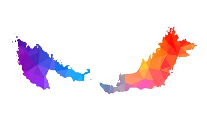 Low poly map of a country with two main parts, rendered in various vibrant colors against a white background