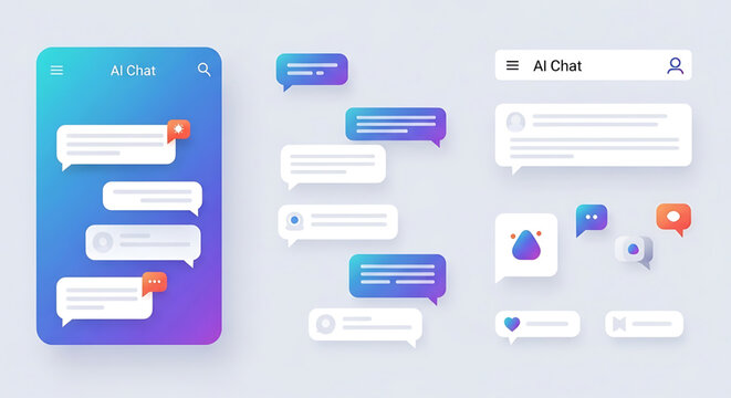 A vector graphic illustration of a mobile phone and computer screen displaying AI chat interface with speech bubbles and conversation icons.