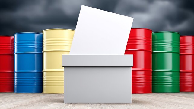 oil politics election concept, oil politics symbolized by ballot box, oil politics influence on global energy decision