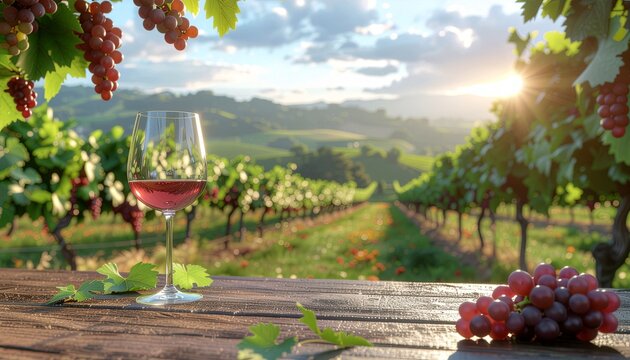 Wine glass on wooden table with grapevine plantation in the background with copy space