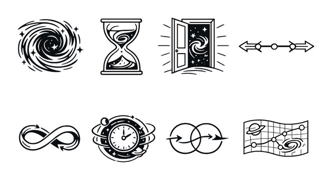 Monochrome time and space symbols: infinite, hourglass, galaxy, arrows, clock, continuum