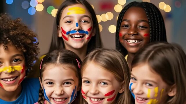 Group of diverse happy children with colorful face paint smiling at a party, multiethnic kids celebrating together with bright bokeh lights background