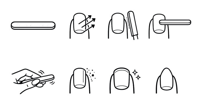 Nail filing technique step-by-step guide with hand and nail diagram