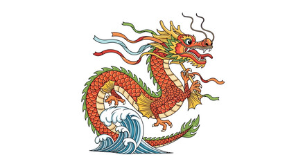 Fototapeta premium Vibrant dragon illustration with red, gold, and green scales riding a wave, symbolizing Chinese New Year celebrations with traditional dragon dance and wǔshī elements in a colorful, festive